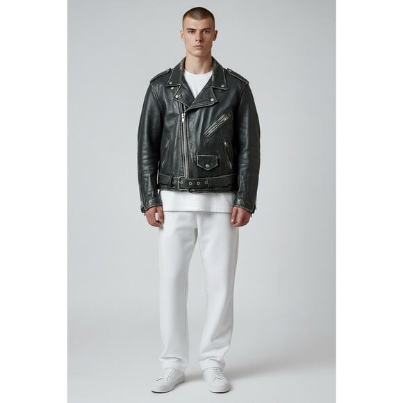 Vintage Perfectly Worn Black Leather Belted Motorcycle Jacket Men’s Large - Picture 1 of 10